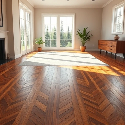 Custom hardwood flooring installation in Round Lake IL features herringbone pattern and rich brown honey tones.