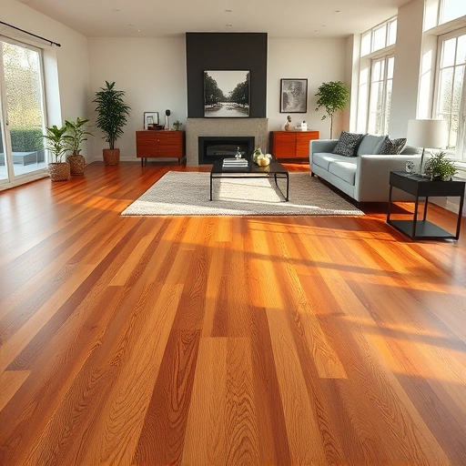 Hardwood flooring installation in a spacious living room with warm tones, contemporary decor, and natural light.