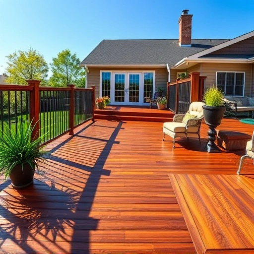 Refinished wooden deck in Algonquin IL, showcasing rich tones and craftsmanship with a serene suburban backdrop.