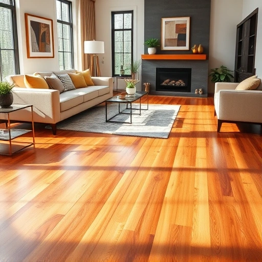 Hardwood flooring installation in a modern living room with warm tones, natural light, and elegant furnishings.