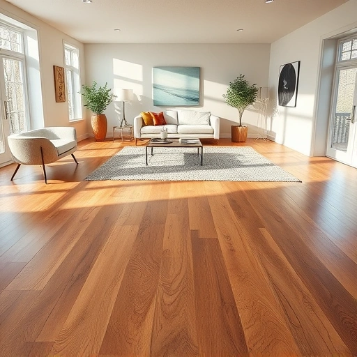 Custom hardwood flooring installation in a stylish room with polished planks, contemporary furniture, and natural light.