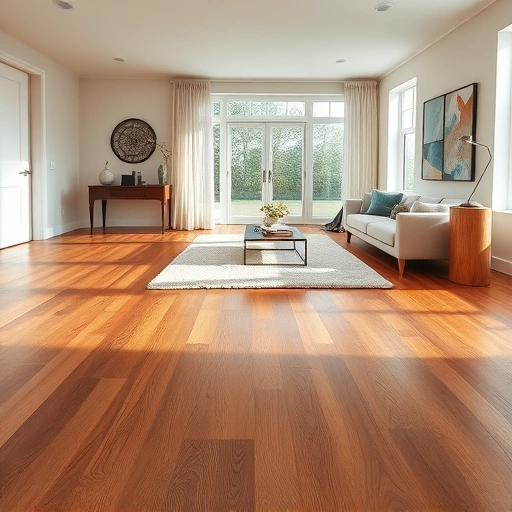 Custom hardwood flooring installation in a bright living room with rich tones and minimalist decor in Hoffman Estates IL