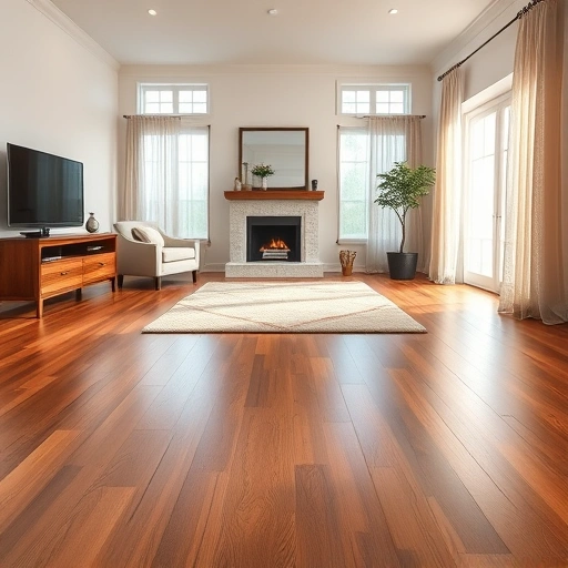 Elegant living room in Hawthorn Woods IL featuring polished hardwood floors, soft lighting, and a stylish area rug.