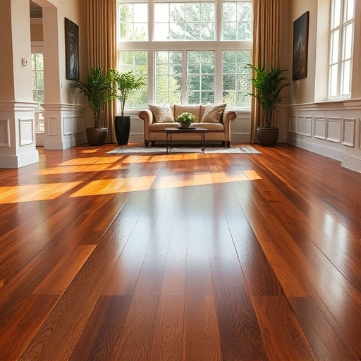 Polished hardwood floor with a glossy finish in a stylish Algonquin home, showcasing craftsmanship and inviting decor.