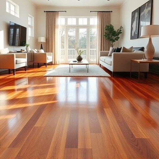 Gleaming hardwood floor in an elegant living room in Algonquin, IL, showcasing rich wood grain and glossy finish.