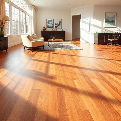 Custom hardwood flooring installation in a spacious living room with warm tones and elegant decor in Rolling Meadows IL.