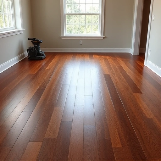 Hardwood floor resurfacing in Algonquin IL with dark oak finish, polished sheen, and soft ambient lighting.