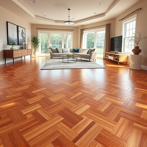 Hardwood flooring installation in East Dundee IL featuring polished oak planks in herringbone pattern under ambient light.