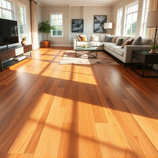 Hardwood flooring installation in a spacious living room with polished oak planks and modern furniture in Barrington IL.