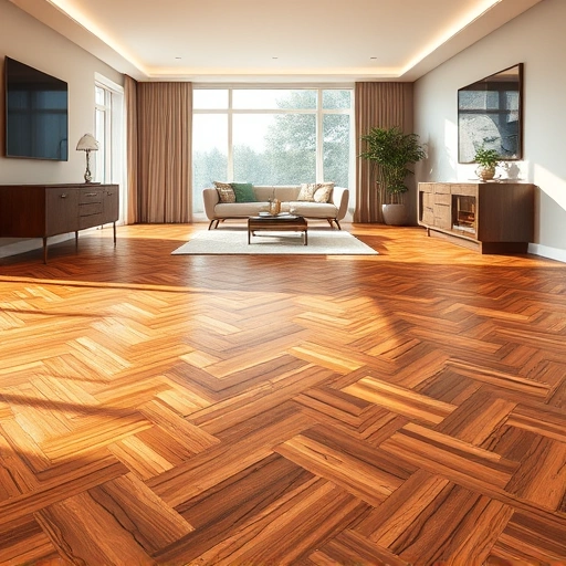 Custom hardwood flooring installation in South Elgin IL with herringbone pattern and warm, inviting decor.