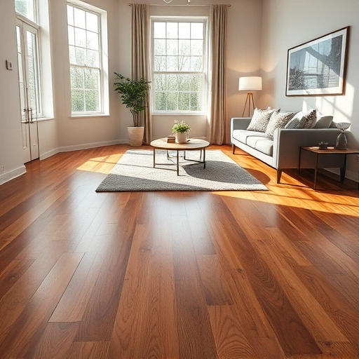 Hardwood flooring installation in a sophisticated living room with natural light, modern decor, and inviting ambiance.