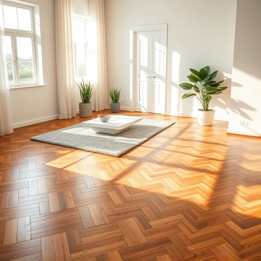 Hardwood flooring in McHenry IL featuring herringbone pattern, warm wood tones, and minimalistic decor.
