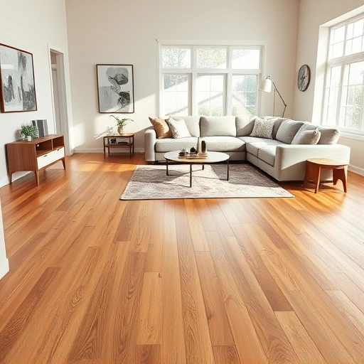 Completed hardwood flooring installation in a stylish living room with oak tones and modern minimalist furniture.
