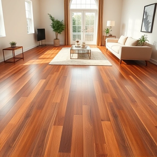 Solid hardwood floor installation in Algonquin IL featuring polished planks and minimalistic decor with warm tones.