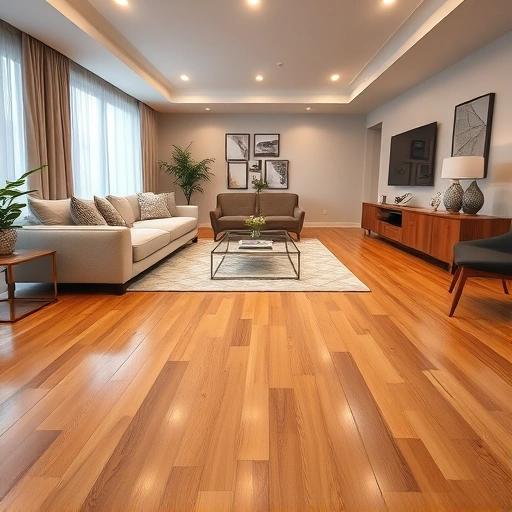 Hardwood flooring installation in a modern living room with oak tones, sleek furniture, and natural light in Hawthorn Woods IL.