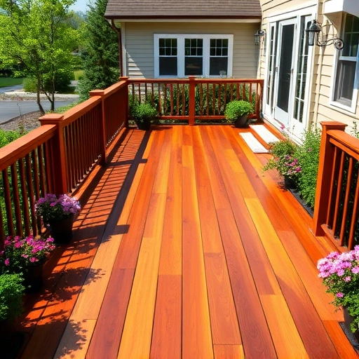 Beautifully stained wooden deck in Algonquin, IL, surrounded by vibrant flowers and a charming home.