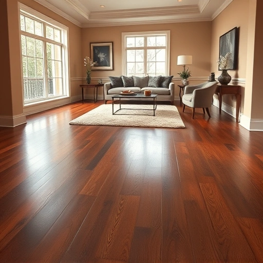 Hardwood flooring installation in a luxurious Highland Park living room with dark oak, elegant decor, and natural light.