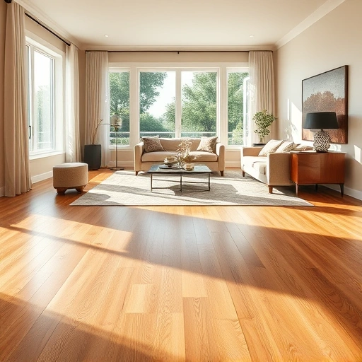 Custom hardwood flooring installation in a sunlit living room with polished oak planks and elegant decor in Palatine IL.