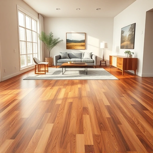 Custom hardwood flooring installation in a bright living room with warm wood tones and stylish furniture accents.