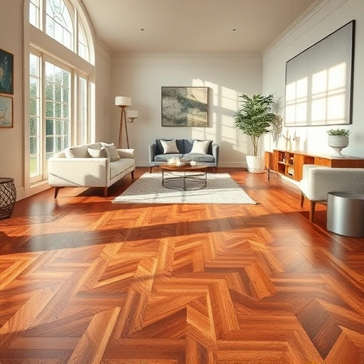 Custom hardwood flooring installation in Fox Lake IL showcasing herringbone pattern with warm tones and modern decor.