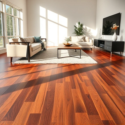 Hardwood floor staining in Algonquin IL with rich walnut finish, minimalist decor, and warm sunlight creating a serene ambiance.