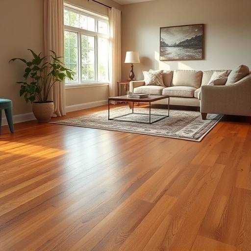 Hardwood floor patch repair in cozy Algonquin living room, showcasing seamless wood integration and warm tones.