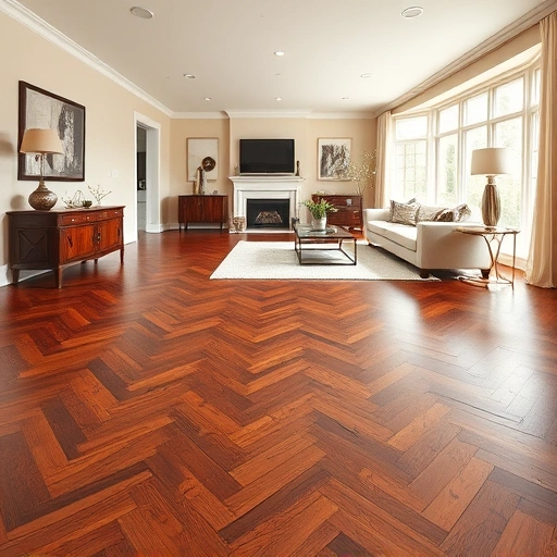 Hardwood floor staining in Algonquin IL with a deep mahogany finish in a stylishly decorated living room.