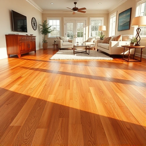 Spacious living room in West Dundee IL featuring warm-toned oak hardwood flooring and elegant interior design.