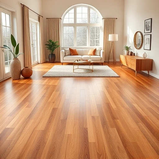 Hardwood flooring installation in a modern living room with warm oak planks, elegant decor, and natural light.