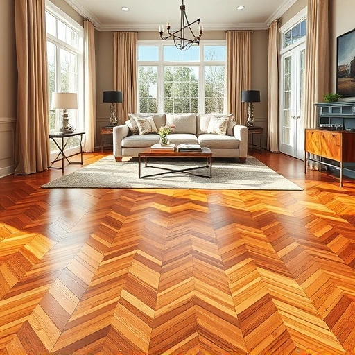 Custom hardwood flooring installation in a cozy living room with herringbone pattern and elegant decor in Hoffman Estates IL.