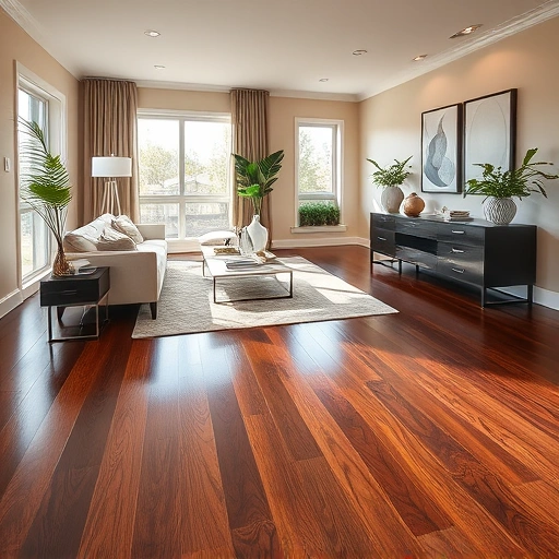 Custom hardwood flooring installation in an elegant living room with dark floors and modern decor in Arlington Heights IL.