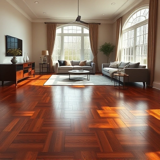 Custom hardwood flooring installation in Fox River Grove IL showcasing dark gleaming floors and elegant decor.