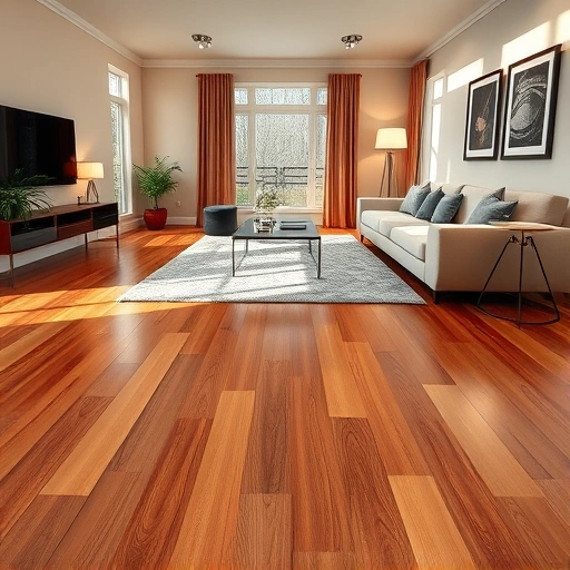 Hardwood flooring installation in a sophisticated living room with warm tones, modern furniture, and natural light.