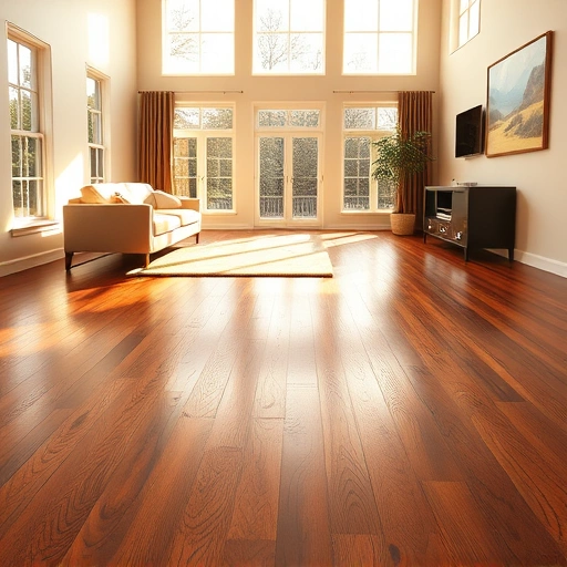 Prefinished hardwood floor installation in Algonquin IL featuring dark oak with high-gloss finish in a sunlit living room.