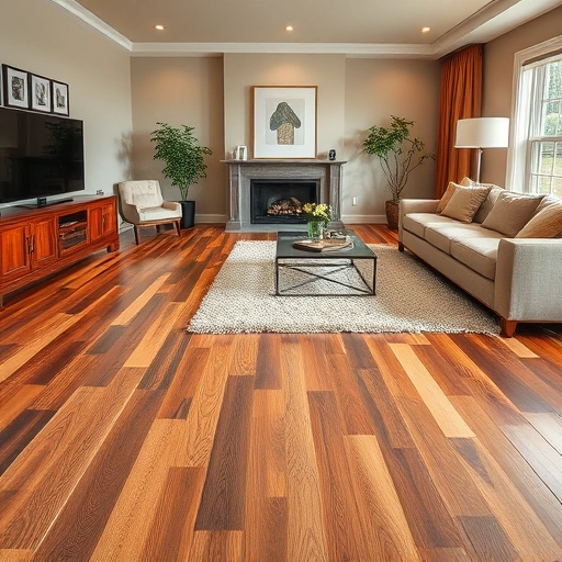 Custom hardwood flooring installation in Woodstock IL showcasing various wood tones, elegant decor, and ambient lighting.