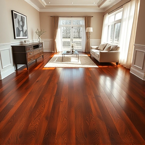 Custom hardwood flooring installation in a sunlit living room with dark wood, elegant baseboards, and minimalistic decor.