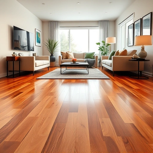 Hardwood flooring installation in a modern living room with polished wood, contemporary furniture, and natural light.