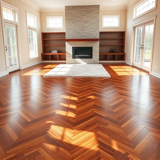 Custom hardwood flooring installation in Kildeer IL features herringbone pattern, elegant decor, and natural light.