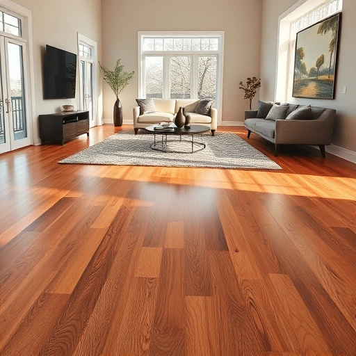 Custom hardwood flooring installation in Elgin IL features warm tones, intricate grain patterns, and modern decor.