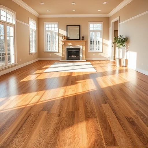 Custom hardwood flooring installation in a spacious living room with oak tones and elegant decor in Rolling Meadows IL.