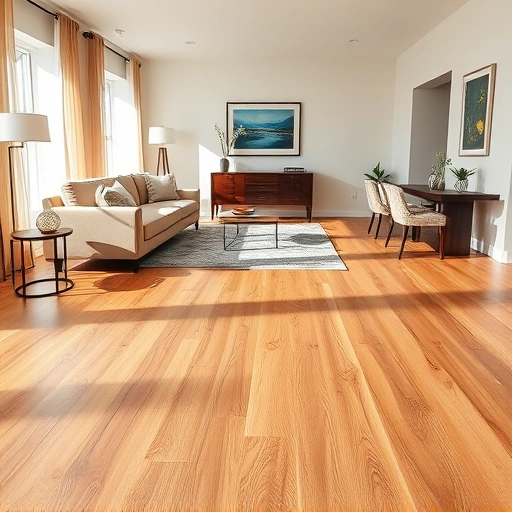 Hardwood flooring installation in a modern living room with warm tones and elegant furniture in Woodstock IL.