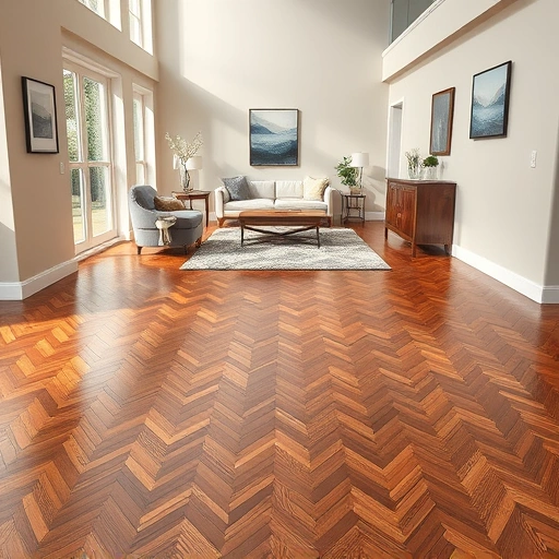 Custom hardwood flooring installation in Arlington Heights featuring herringbone pattern and warm tones in a stylish setting.