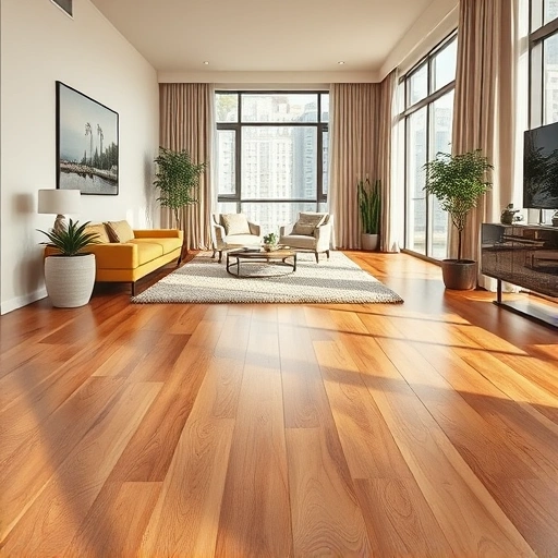 Hardwood flooring installation in North Chicago with warm oak and maple tones in a modern minimalist interior.
