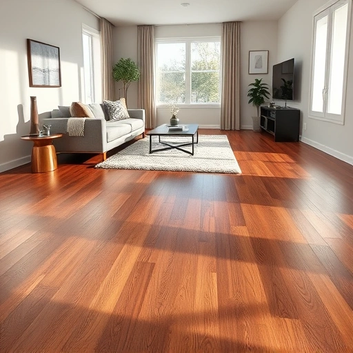 Hardwood flooring installation in a modern living room with dark oak planks, stylish furniture, and natural light.