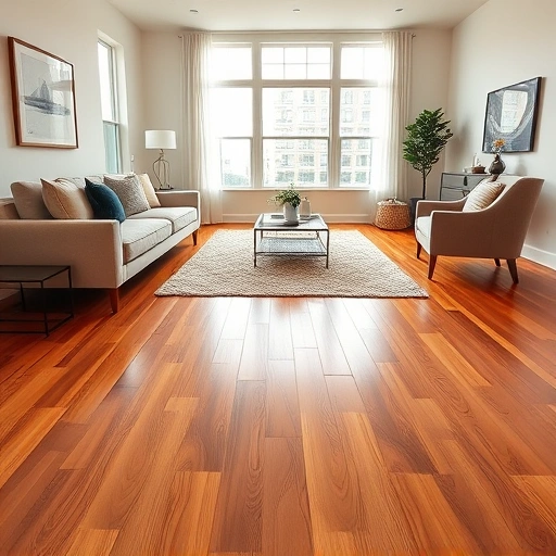 Hardwood flooring installation in a modern living room with warm tones, contemporary furniture, and natural light.