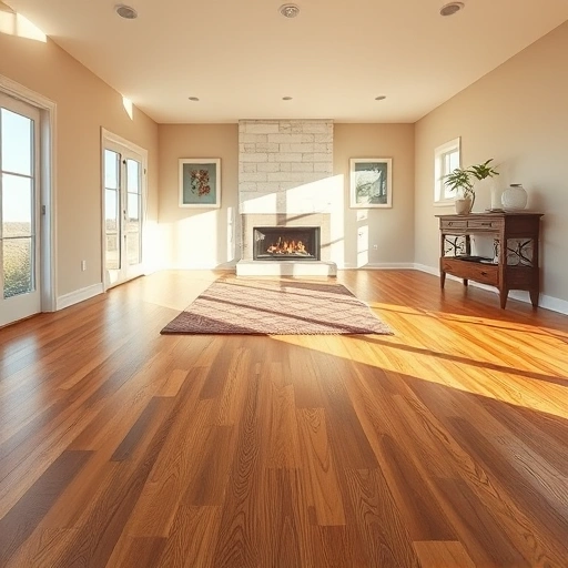 Custom hardwood flooring in a spacious Round Lake IL living room with natural grain patterns and soft wall tones.