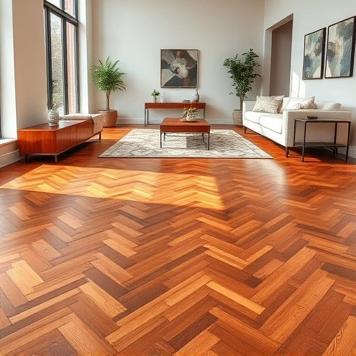 Custom hardwood flooring installation in Arlington Heights IL with herringbone pattern and modern minimalist décor.