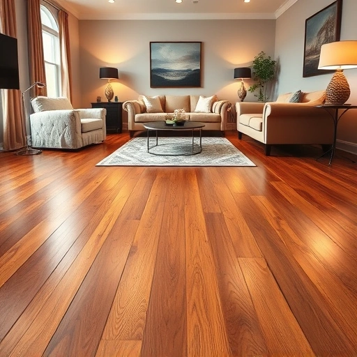 Hardwood floor squeak repair in Algonquin IL showcasing glossy, rich-colored floorboards in a cozy living room setting.