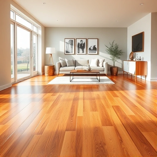 Hardwood flooring installation in a modern living room with warm tones, minimalist decor, and natural light.
