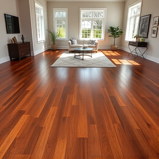 Glue-down hardwood floor installation in a spacious Algonquin living room with dark wood grain and glossy finish.